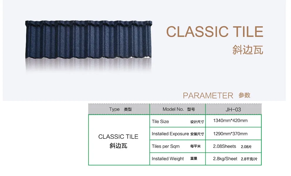 1340*420 mm Different Thickness Stone Coated Steel Roofing Metal Steel Tile