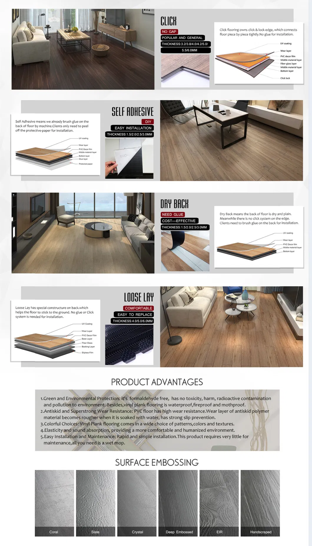 Hanplus Lvt Wear-Resistant & Non-Slip Homogeneous Kitchen PVC Flooring Spc Flooring