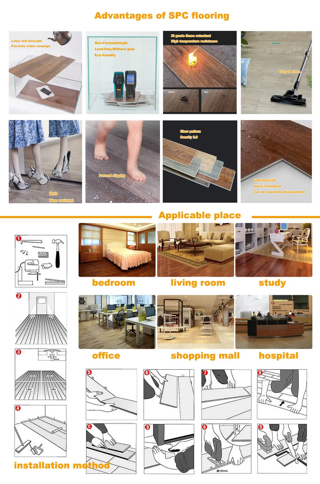 Non-Slip Spc PVC Interlocking Vinyl Floor Tile Engineered Wood Plastic Composite Floor 4mm