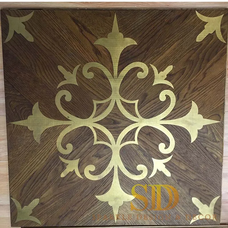 Popular Design Walnt Wood Inlay Metal/Brass Panels Wooden/Parquet Floor Living Room in New Home/Villa/Palace