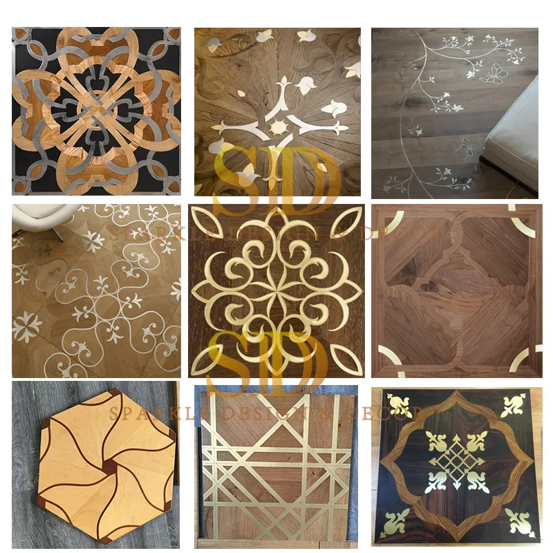 Popular Design Walnt Wood Inlay Metal/Brass Panels Wooden/Parquet Floor Living Room in New Home/Villa/Palace