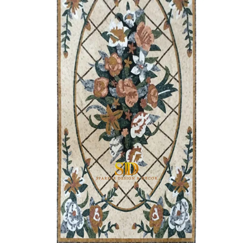 Rectangle Handmade Flora Marble Mosaic Wall Art Marble Mosaic Floor Carpet Mosaic Medallion for Home Decoration