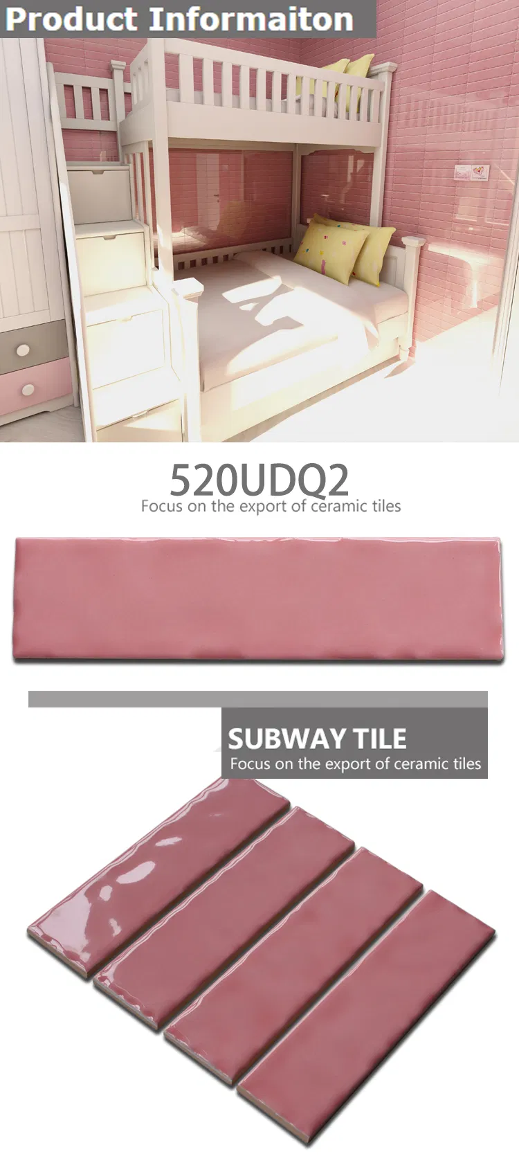 Subway Pink Ceramic Bathroom Wall Tile for Backsplash Kitchen Restaurant Project