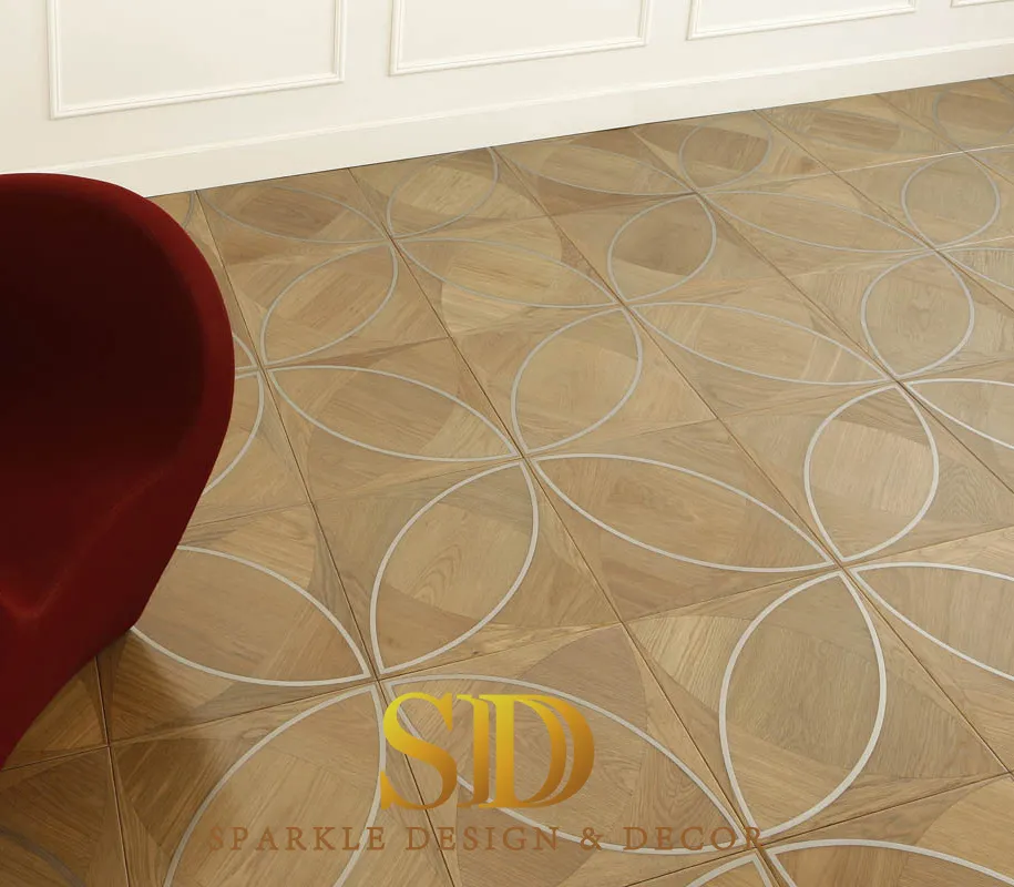 Villa Living Room Floor Decoration China Manufacturer Modern Style Wood Flooring Parquet Wood Inlay Metal Tiles
