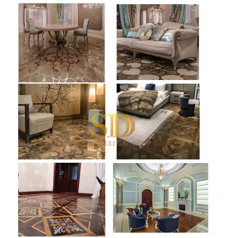 Villa Living Room Floor Decoration China Manufacturer Modern Style Wood Flooring Parquet Wood Inlay Metal Tiles