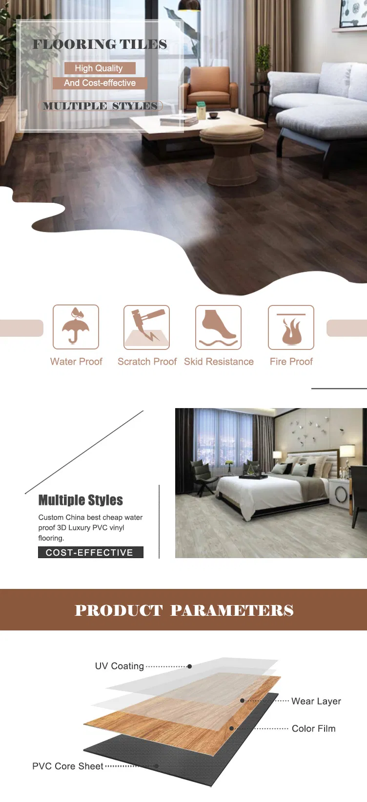 Waterproof and Fireproof Self Adhesive Wood Design Vinyl Tile PVC Plank Plastic Lvt