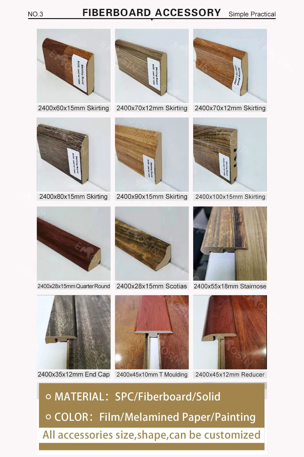 Wear Resistant Wood Grain PVC Skirting of Floor Accessories for Interior Finish