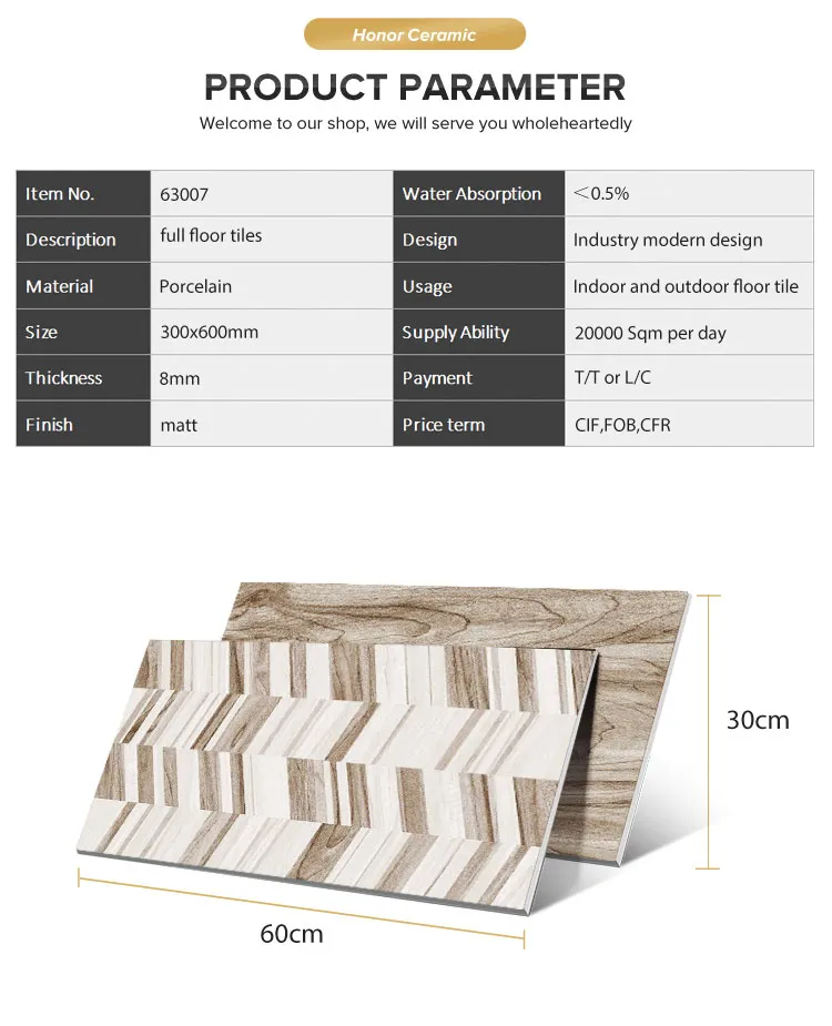 Zibo Honor Manufacturer Stock 300*600 Ceramic Tile Wooden for Indoors